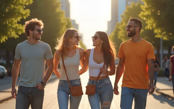 Multiethnic friends students guys girls hanging outside on a sunny day having fun walking on city street urban nature park. Group of young people enjoying summer vacation together. Friendship concept