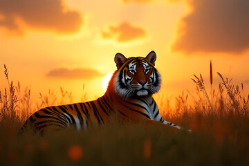 Calm tiger lying in tall grass under golden twilight sky, dreamy atmosphere with well-organized elements
