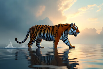 Mystical tiger walking on calm reflective water under a dramatic sky, surreal and polished design