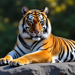 Close-up of a regal tiger resting calmly on a rocky surface with vibrant background gradient, balanced light and shadows 