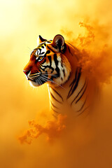 Artistic interpretation of a tiger emerging from swirling gold and orange mist, abstract yet clear