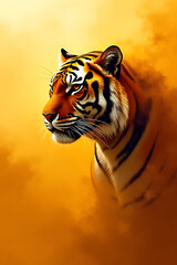 Artistic interpretation of a tiger emerging from swirling gold and orange mist, abstract yet clear