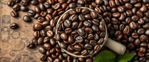Fototapeta premium Dark roasted coffee beans artfully arranged in a cup shape, arrangement, coffee beans