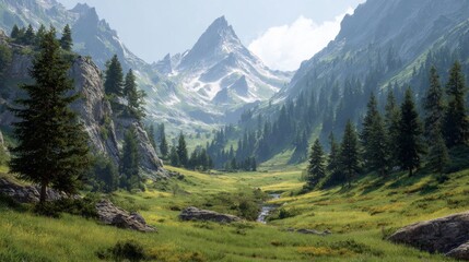 Fototapeta premium A peaceful alpine scene with lush green meadows and towering mountains in the background.