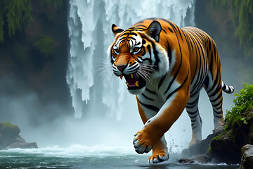 Powerful tiger in mid-roar beside a shimmering waterfall with dynamic elements and spacious surroundings 