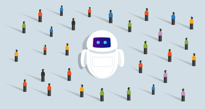 A central AI chatbot surrounded by a diverse crowd of people, illustrating the widespread interaction integration of AI technology within a population