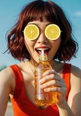Playful Woman with Lemon Sunglasses Drinks Refreshing Iced Tea