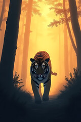 Elegant tiger silhouette walking through glowing fog in a minimal forest scene, strong contrast with harmonious color tones 