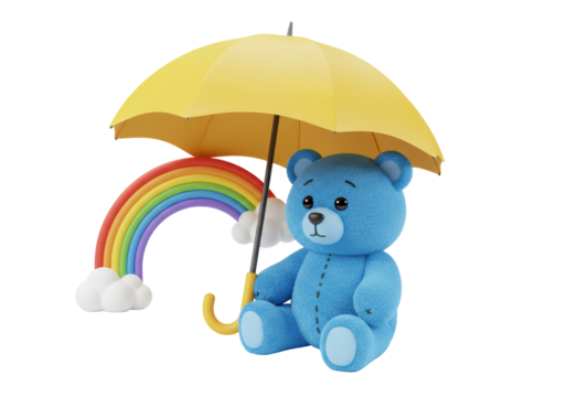 Isolated Teddy Bear Under Umbrella Next to a Rainbow