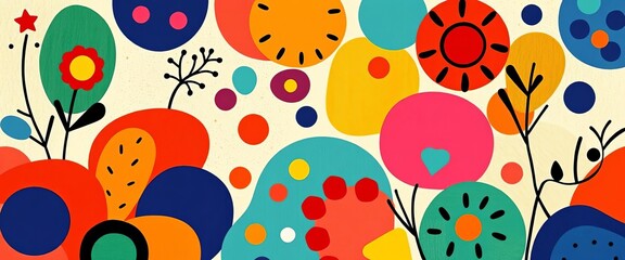 Joyful, colorful abstract shapes; organic forms, Matisse-inspired, naive art style, flat vector, hand-drawn, backgrounds, vector, banner