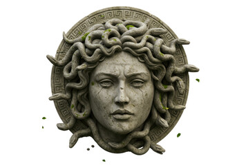 Isolated Medusa Stone Head Surrounded by Snakes and Moss