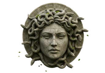 Isolated Medusa Stone Head Surrounded by Snakes and Moss