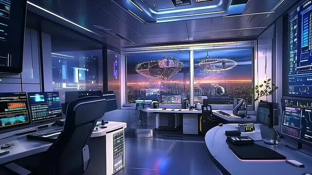 Futuristic control center with digital interfaces and cityscape horizon view - Powered by Adobe