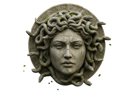 Isolated Medusa Stone Head Surrounded by Snakes and Moss