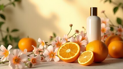 A still life of oranges and flowers with a white bottle on a marble surface in soft lighting