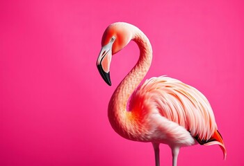 Pink flamingo against vibrant pink backdrop, tropical bird in monochrome scene, plumage, pink flamingo
