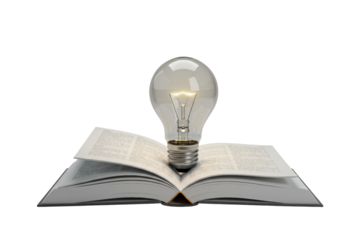 Isolated Light Bulb Illuminating an Open Book of Knowledge