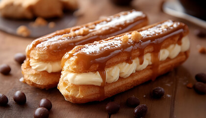 A delicious caramel eclair, a perfect pastry for dessert lovers