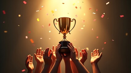 A golden trophy held aloft by many hands under a spotlight with falling confetti celebration