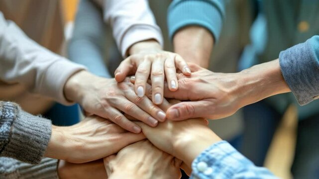 Top-down view of diverse hands stacked together, symbolizing teamwork and unity. The video captures a collaborative and supportive atmosphere.