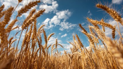 Fototapeta premium A picturesque field of golden wheat stretching towards the horizon under a bright blue sky.
