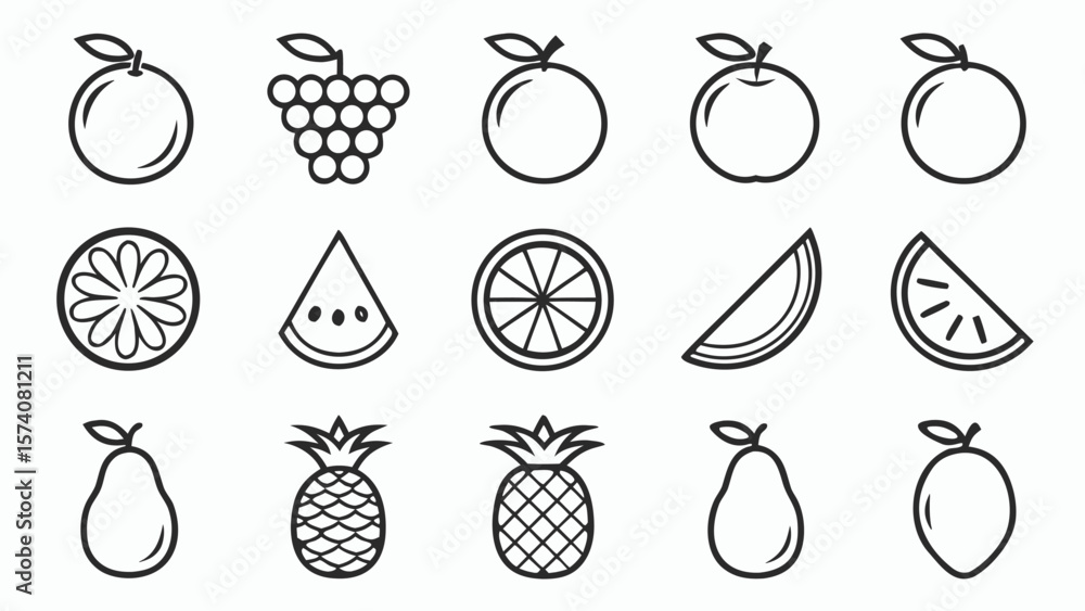 Poster collection of simple outline icons representing various fruits and slices