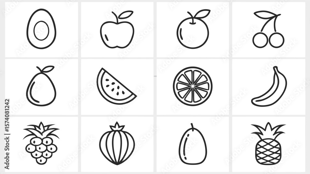 Poster collection of simple line art icons representing various fruits and a halved avocado