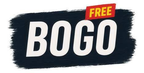 Bold brushstroke tag with FREE BOGO offer in dynamic style, eye-catching retail promotion on transparent background.