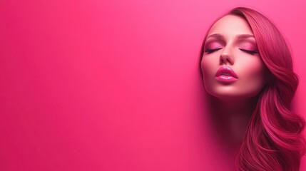 Aesthetic beauty portrait of woman with red hair and perfect skin on vibrant pink background creating a modern and artistic feel