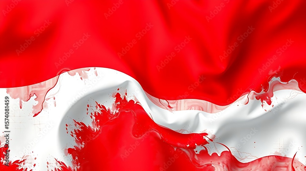 Poster splattered design showing a vibrant red and white abstract pattern with a slightly rough, distressed