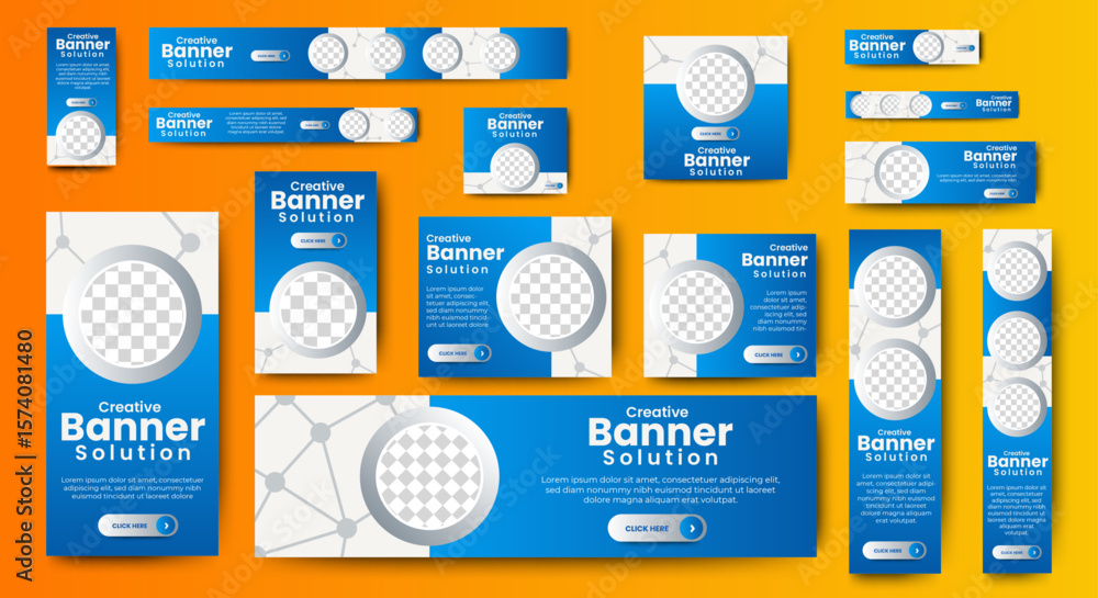 Poster set of blue web banner template set with circle for images place. business ad banner with standard s