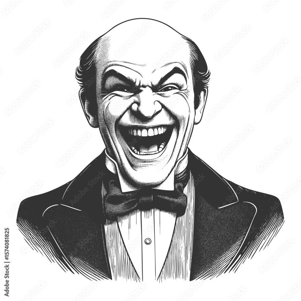 Poster bald man in a formal suit bursting into loud laughter with an exaggerated, joyful expression sketch 