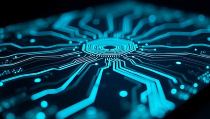 A close up view of a glowing blue circuit board with intricate patterns and connections on a dark background