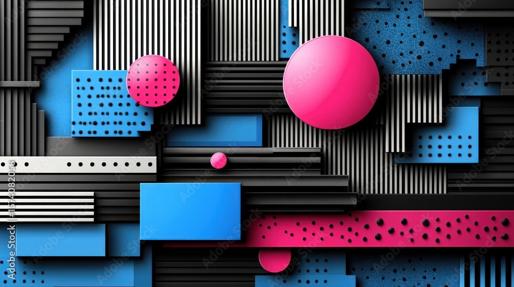 Poster abstract composition with spheres, rectangles, and linear patterns