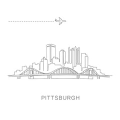 Naklejka premium Pittsburgh Skyline Line Art Airplane Travel.
