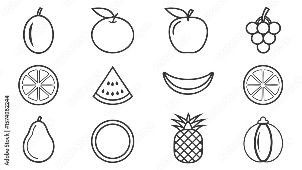 Poster collection of simple line art icons representing various fruits on a white background