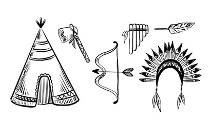 Traditional native American symbols and elements including a teepee, bow, arrows, and headdress in vector style