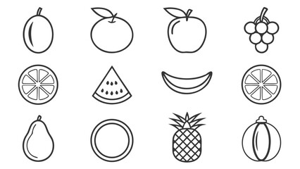 Collection of simple line art icons representing various fruits on a white background