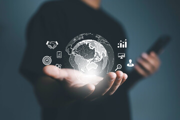 Hands showing the world of digital marketing, business concept, technology, international market,...