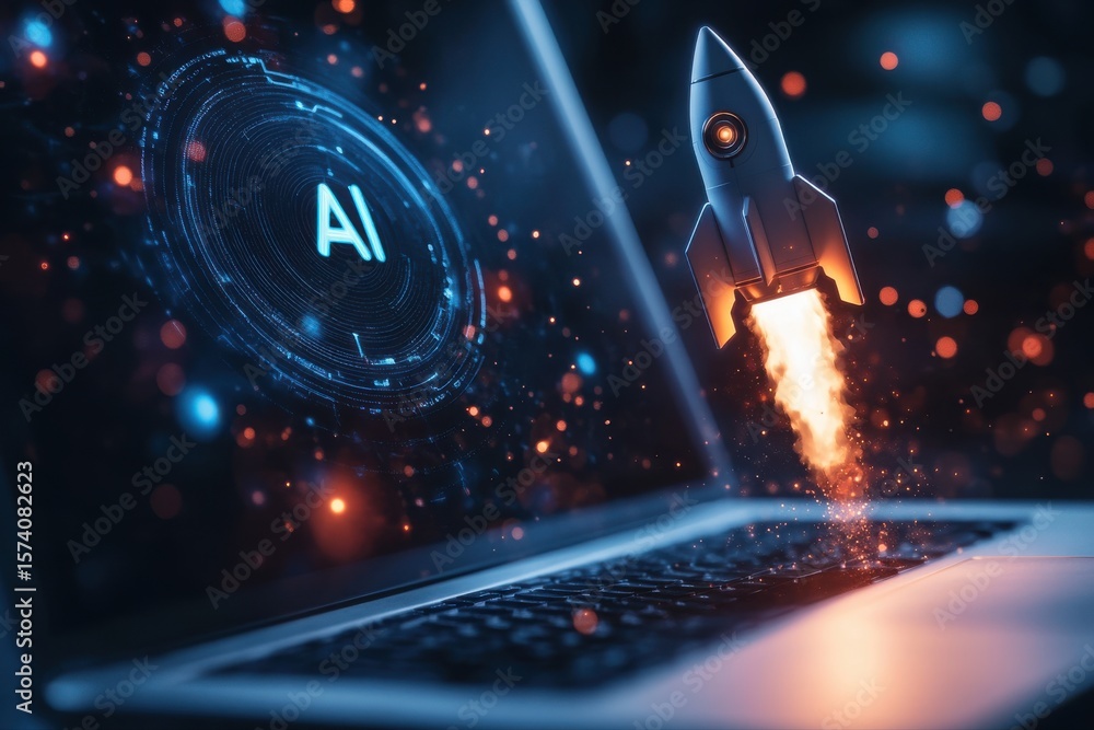 Poster a laptop displaying ai and a rocket taking off representing technological advancement and innovation