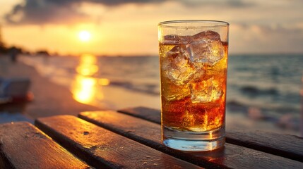 A refreshing glass of beer with large ice cubes, sitting on a beachside table at sunset