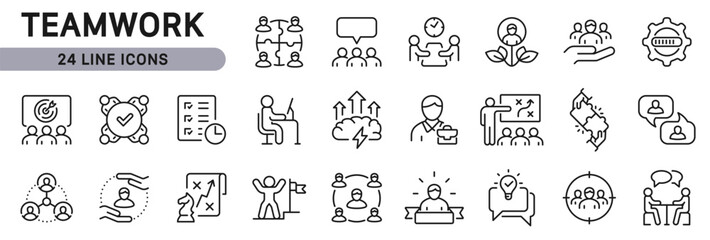 Teamwork line icons set with Team, Partnership, Leadership, Meeting, Group, Communication and more. Editable Stroke
