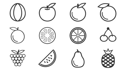 Collection of twelve simple outline fruit icons on a white background