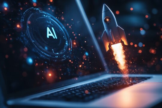 A laptop displaying ai and a rocket taking off representing technological advancement and innovation