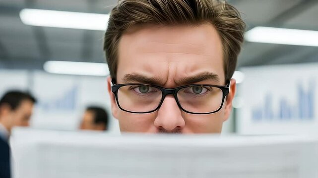 A side close-up of a man peeking from behind a screen at work
