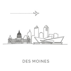 Naklejka premium Des Moines Iowa Skyline with USA, and Airport Travel.