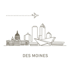 Obraz premium Des Moines Skyline Vector with Iowa USA, and Airplane.