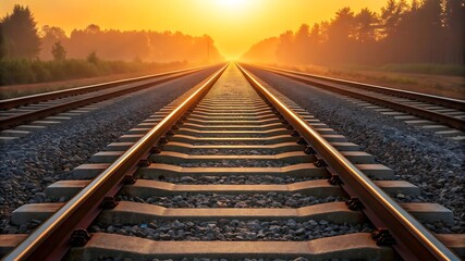 Railroad Tracks at Sunset: Railroad track stretch towards the horizon at golden sunset, promising travel.