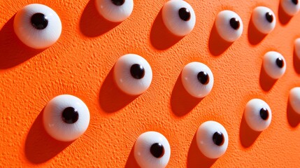 An abstract composition displaying multiple round eyeball-like objects placed on a textured orange surface