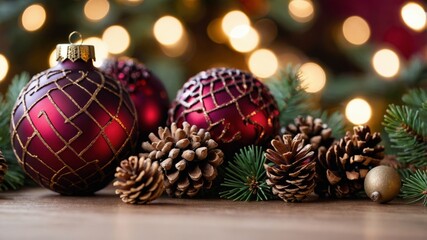 Christmas ornaments and pine cones creating festive atmosphere with warm lights